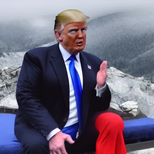 Image similar to donald trump, on top of mountain, rainy day