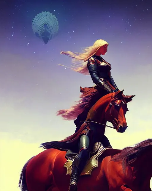 Image similar to masterpiece concept art, a beautiful highly detailed destiny lady rides a giant horse, emotional, cinematic moody colors, realistic shaded lighting poster by ilya kuvshinov, magali villeneuve, artgerm, jeremy lipkin and michael garmash and rob rey