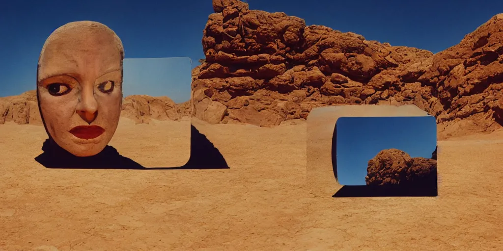 Prompt: levitating bene gesserit with full - face golden mask in a dry rocky desert landscape, visible sky and sunny atmosphere, fata morgana and giant square mirrors by alejandro jodorowsky, anamorphic lens, kodakchrome, practical effects, masterpiece, 8 k