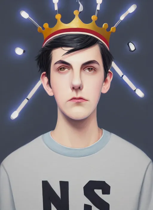 Image similar to portrait of teenage jughead jones wearing a light grey crown, photorealistic, crown, eyes closed, crown, black hair, sweater with letter s on it, letter s, intricate, elegant, glowing lights, highly detailed, digital painting, artstation, concept art, smooth, sharp focus, illustration, art by wlop, mars ravelo and greg rutkowski