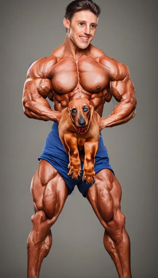 Prompt: dachshund bodybuilder flexing biceps, photography, studio lighting
