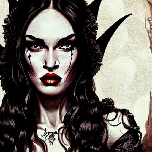 Image similar to megan fox witch queen, black eyes, blood, full body, intricate victorian dress, cinematic lighting, symmetrical eyes, rafael albuquerque, charlie bowater, frank frazetta, moody lighting, candles