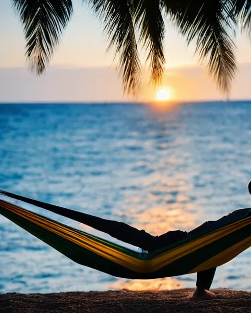 Prompt: a man chilling on a hammock on the beach and playing poker, detailed, sunset, sea in background, soft light, bokeh, 9 0 mm, f / 1. 4