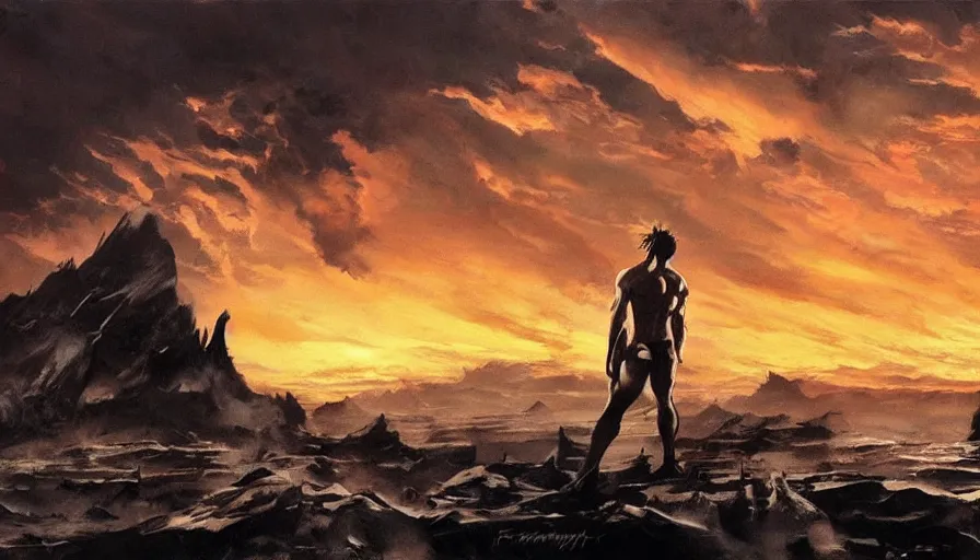 Image similar to dramatic sunset and dramatic sky , lone muscular creature in the middle looks at the sun , painting by frazetta, low angle perspective, postapocalyptic panorama.asthetics !