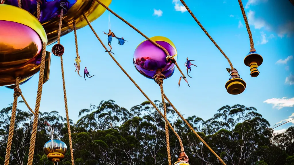 Image similar to large colorful futuristic space age metallic steampunk balloons with pipework and electrical wiring around the outside, and people on rope swings underneath, flying high over the beautiful brisbane in australia city landscape, professional photography, 8 0 mm telephoto lens, realistic, detailed, photorealistic, photojournalism