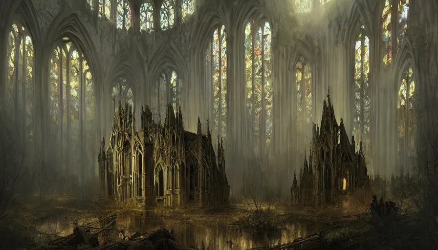 Image similar to a beautiful intricate painting of a abandoned gothic church, in dark evil fantasy forest, reflections, very high details by william turner art, greg rutkowski and alphonse mucha, trending on artstation, very very detailed, masterpiece,