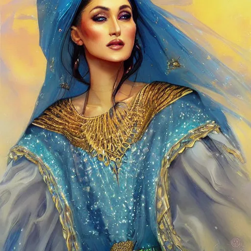 Image similar to a beautiful arabian woman wearing a wedding dress kaftan by karol bak, ayami kojima, artgerm, arabian beauty, blue eyes, smile, concept art, fantasy