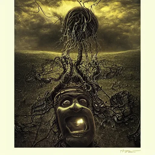 Image similar to thomas the tank engine in style of zdzisław beksinski, extremely dramatic lighting, 8 k, tendrils, black, darkness, black slime tendrils, infected, rust, body horror, thomas the train, thomas the tank engine face, horror,