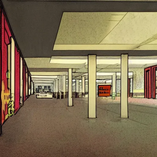 Image similar to Concept art for an abandoned mall from the 1980s