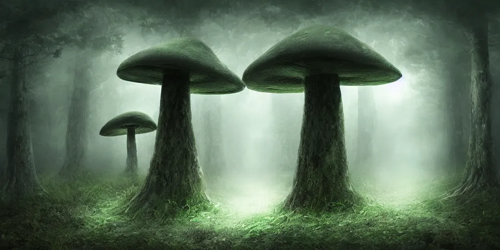 Prompt: a dark gloomy foggy fantasy mushroom forest with a portal to an alternate dimension, high quality rendering, digital art