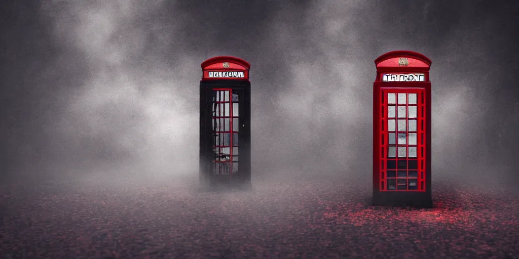 Image similar to a telephone booth on fire, weird, haunted, misty, dark and evil, demonic, sinister, ambient lighting, 8 k render, hyper realistic, photo realistic