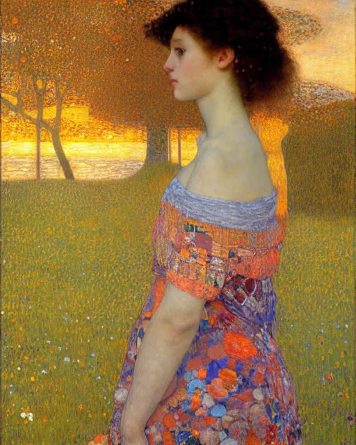 Prompt: a beautiful girl watching the sunset surrounded by colourful intricate patterns, by gustave klimt edgar maxence and caravaggio and michael whelan, intricate painting, hyper realistic, extremely detailed and beautiful aesthetic face, 8 k resolution