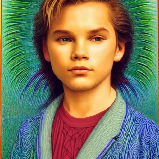 Prompt: river phoenix by Alex Grey and Lisa Frank and William Adolphe Bouguereau