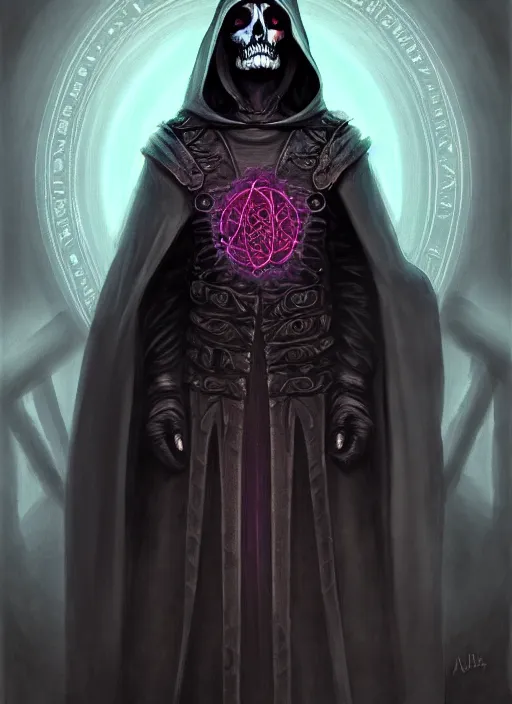 Prompt: fineart portrait illustration of the necromancer wearing a cloak, hyper detailed, crisp