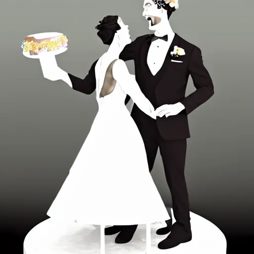 Prompt: exaggerated image of a bride and groom dancing on top of a cake, a rotoscoped image, rotoscoping, digital art, artstation, award winning image