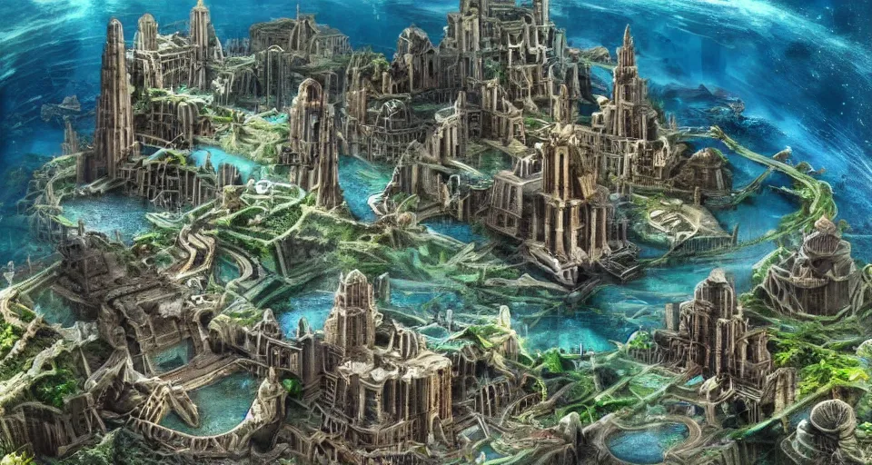 Prompt: a magnificent photo of the lost city of Atlantis, underwater, landscape, fully built buildings, hyper detailed, 4K
