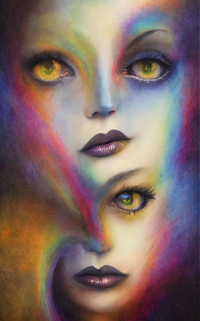 Prompt: iridescent spirit of desire and fear cruel beautiful spirit (androgynous) with golden eyes lunar mythos ambient fog, award winning oil painting, lunar color palette