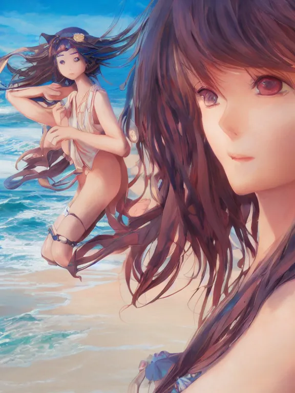 Image similar to A portrait of a smiling anime woman on the beach near the ocean, by Stanley Artgerm Lau, WLOP, Rossdraws, James Jean, Andrei Riabovitchev, Marc Simonetti, and Sakimi chan, anime portrait, official anime artwork