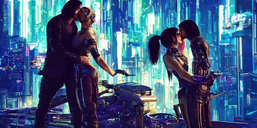 Prompt: a cyberpunk 2077 srcreenshot couple portrait of Keanu Reeves and a female android final kissed in night city,love,film lighting,by Lawrence Alma-Tadema,Andrei Riabovitchev,Laurie Greasley,Dan Mumford,John Wick,Speed,Replicas,artstation,deviantart,FAN ART,full of color,Digital painting,face enhance,highly detailed,8K,octane,golden ratio,cinematic lighting