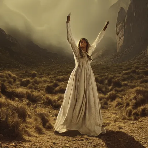 Prompt: 1 9 7 0's artistic spaghetti western movie, a woman in a giant billowy wide flowing waving dress made out of white smoke, standing inside a dark western beautiful rocky scenic landscape, volumetric lighting, backlit, moody, mercurial, atmospheric