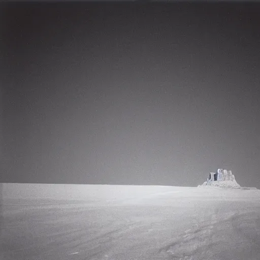 Prompt: photo of shiprock, new mexico during a snowstorm. a old man in a trench coat and a cane appears as a hazy silhouette in the distance, looking back over his shoulder. cold color temperature. blue hour morning light, snow storm. hazy atmosphere. humidity haze. kodak ektachrome, greenish expired film, award winning, low contrast,