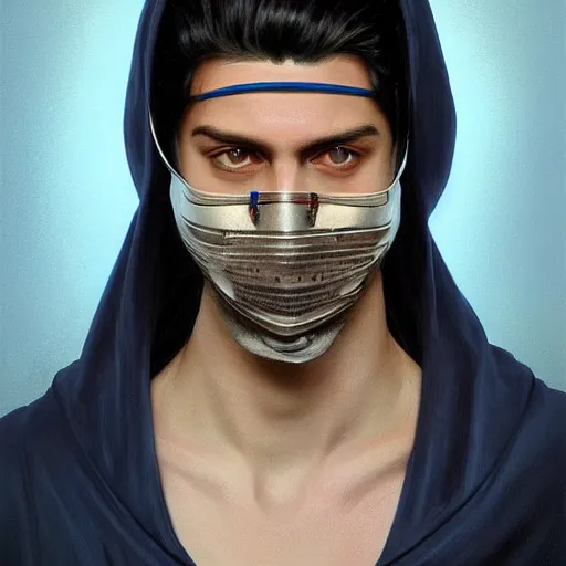 Prompt: ultra realistic illustration, man with black hair with a black medical mask, in blue hood, red and blue eyes, highly detailed, digital painting, artstation, concept art, smooth, sharp focus, illustration, art by artgerm and greg rutkowski and alphonse mucha