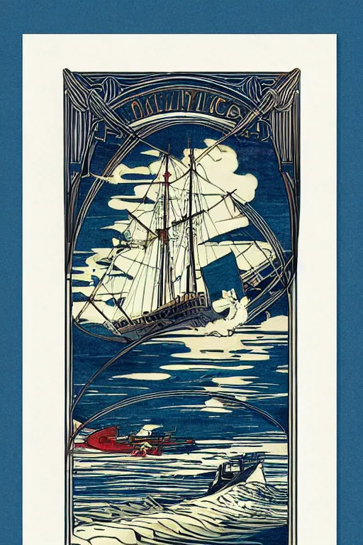 Prompt: Beautiful Art Nouveau print of a ship crossing the vast ocean