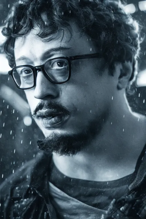 Prompt: portrait of Sam Hyde in Star Wars, close-up, sigma male, rule of thirds, award winning photo, highly detailed features, raining, ethereal lighting, Death Star setting,