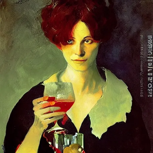 Image similar to portrait of a mysterious woman holding a martini, by Ilya Repin and Dave McKean