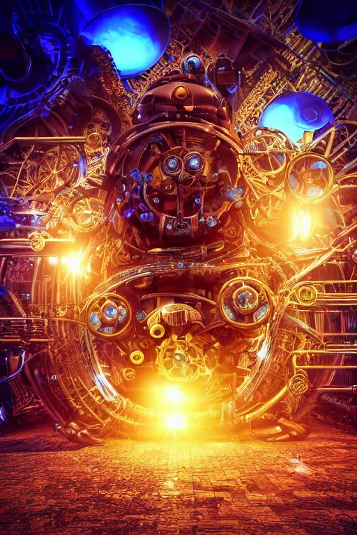 Image similar to portrait photo of a broken giant huge golden and blue metal broken steampunk robot with big gears and tubes all over the floor, eyes are glowing red lightbulbs, shiny crisp finish, 3 d render, 8 k, insaneley detailed, fluorescent colors, background is multicolored lasershow