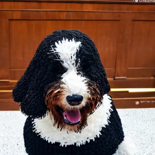 Image similar to a closeup photorealistic photograph of a cute smiling knitted bernedoodle judge dog dressed in a black gown, presiding over the courthouse. indoors, professional capture, well lit shot. this 4 k hd image is trending on artstation, featured on behance, well - rendered, extra crisp, features intricate detail, epic composition and the style of unreal engine.