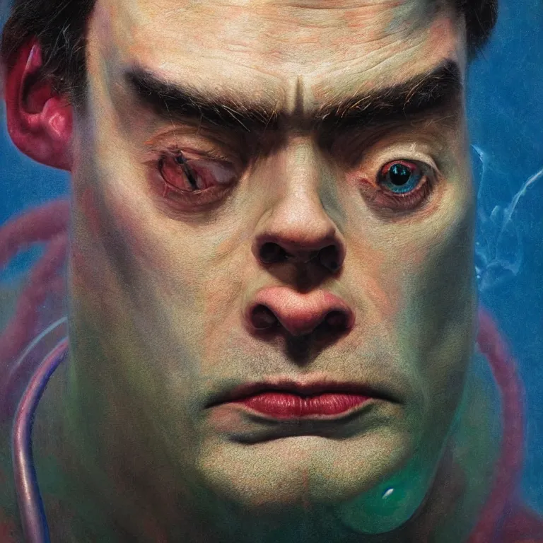 Image similar to Hyperrealistic intensely colored close up studio Photograph portrait of a deep sea bioluminescent Bill Hader, symmetrical face realistic proportions eye contact, sitting in His throne underwater, award-winning portrait oil painting by Norman Rockwell and Zdzisław Beksiński vivid colors high contrast hyperrealism 8k