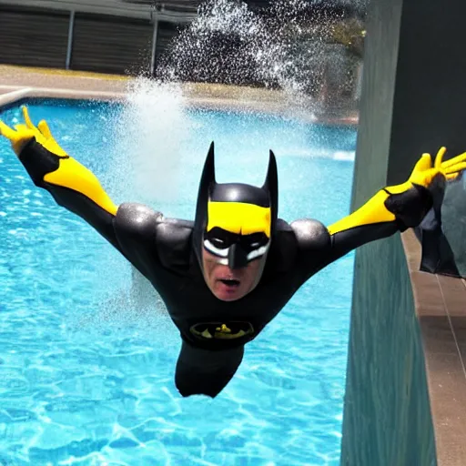 Image similar to batman doing a dive in the local pool