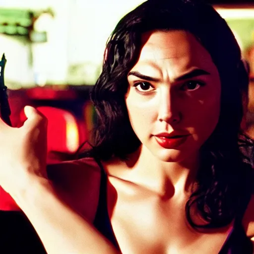 Image similar to Live Action Still of Gal Gadot in Pulp Fiction, real life, hyperrealistic, ultra realistic, realistic, highly detailed, epic, HD quality, 8k resolution, body and headshot, film still
