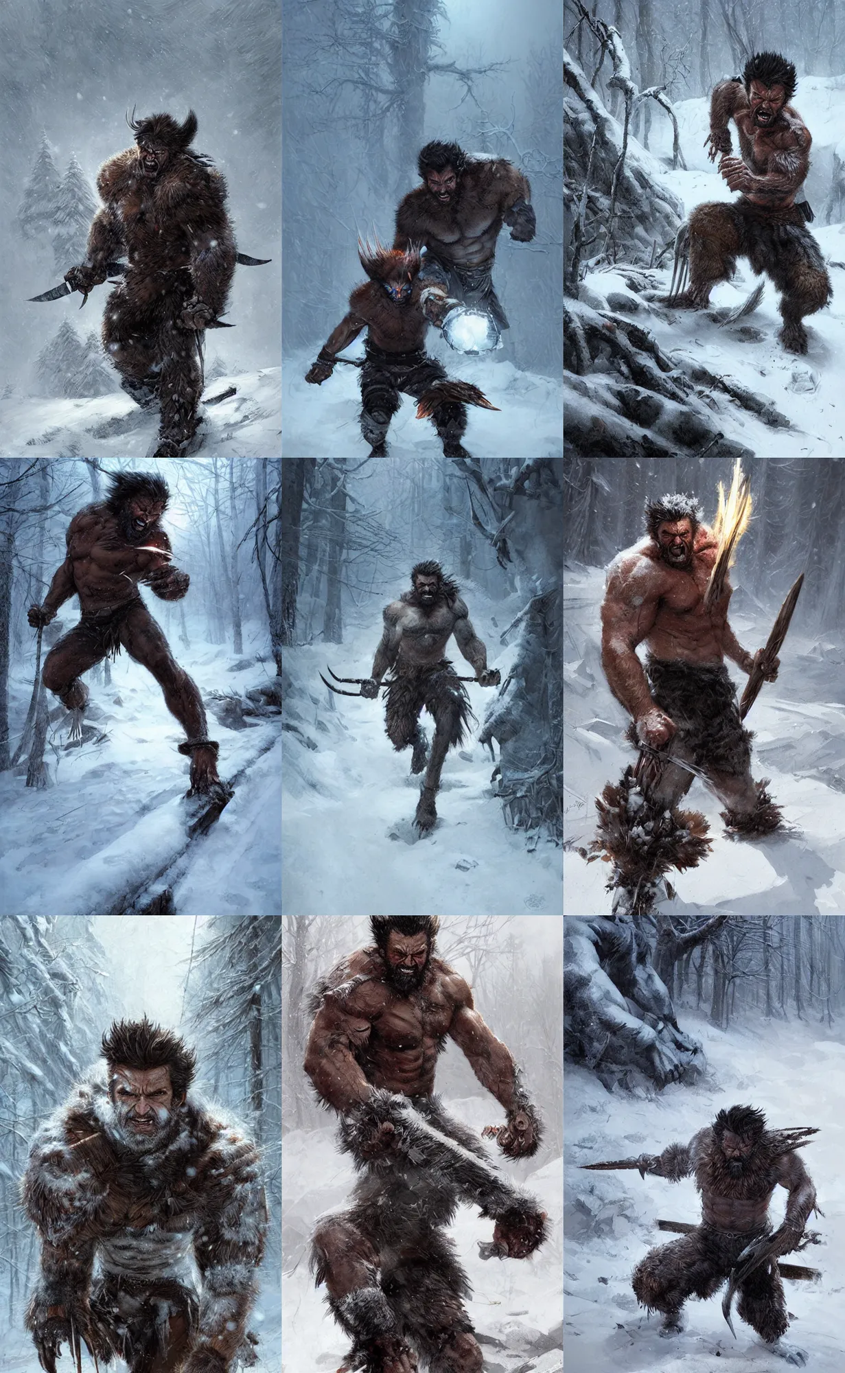 Prompt: berserker wolverine barefoot in the snow, concept art, detailed face, fantasy, highly detailed, cinematic lighting, digital art painting by greg rutkowski