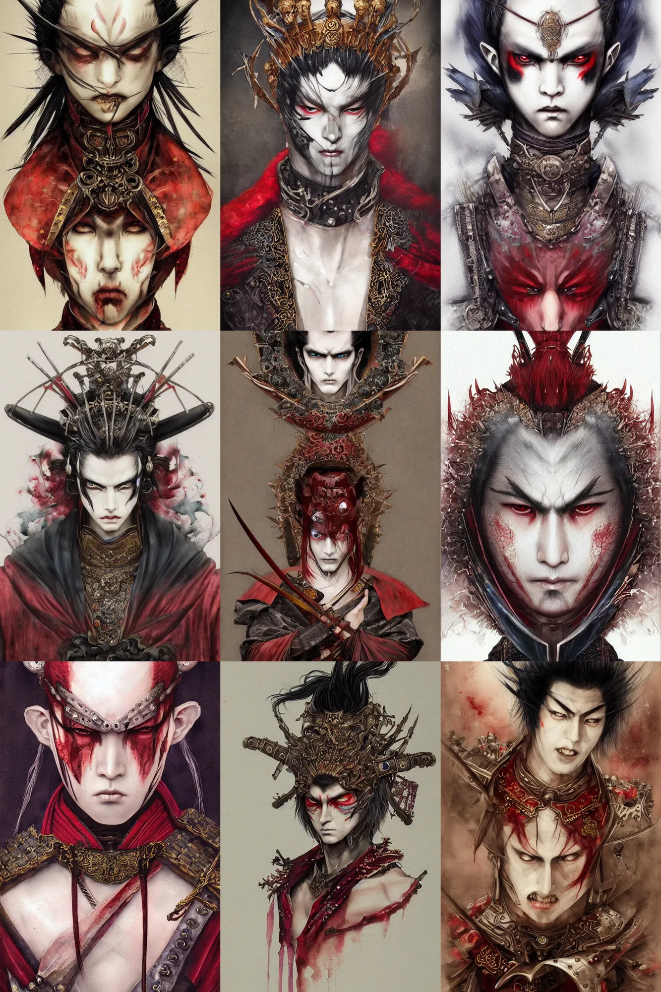 Prompt: watercolor painting of a male japanese bjd samurai warrior vampire in the style of dark - fantasy painted by yoshitaka amano, tom bagshaw, ayami kojima, dmt art, symmetrical vogue face portrait, intricate detail, artstation, cgsociety, artgerm, rococo, red, bronze