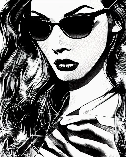 Prompt: closeup portrait of film noir angry megan fox in a bikini wearing ray ban sunglasses, china town blade runner, glamour pose, detailed illustration, digital art, trending on artstation, arney freytag, film noir, patrick nagel, graffiti, gta v,