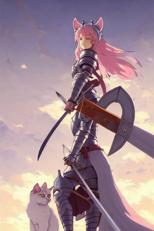 Image similar to a full body of the female knight with a cat on her head with gigantic sword, finely detailed features, closeup at the faces, perfect art, gapmoe yandere grimdark, trending on pixiv fanbox, painted by miura kentaro greg rutkowski makoto shinkai takashi takeuchi studio ghibli, akihiko yoshida