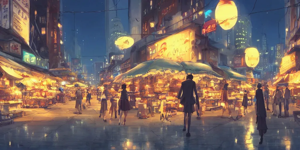 Image similar to Night downtown, all kinds of vendors, lighting, lively, atmosphere joyful, fine, high quality, by Makoto Shinkai