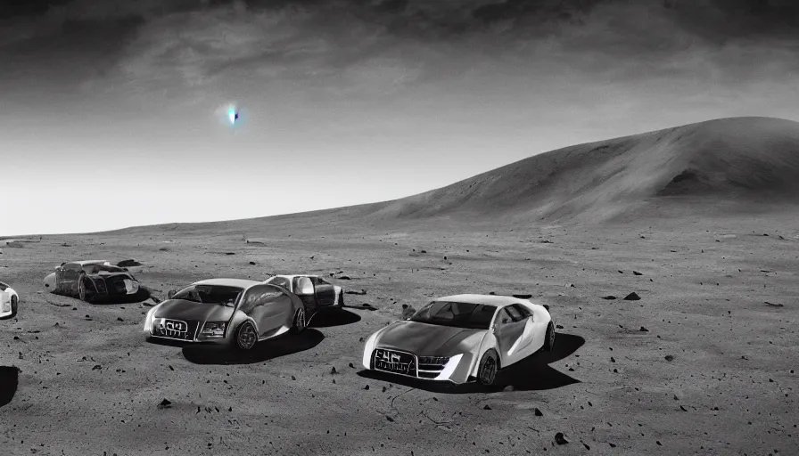 Image similar to a group of audi cars on the moon, wide angle shot