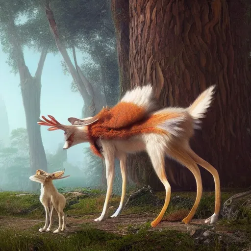 Image similar to Shamanpunk Fox Faun Portrait furry ears snout collar neck paws Antlers wearing a silken leotard ASPCA National Geographic Wikipedia Demiurge pet adoption quill splatterpaint 4k artstation unreal engine render simon stalenhag robert rauschenberg giorgio de chirico greg rutkowski