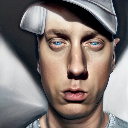 Image similar to a selfie of eminem by jason de graaf, pedro campos and denis peterson. intricate, detailed, complex, fractal, hd, 4 k, realism, hyperrealistic painting, appgamekit, art of illusion, artrift, cryengine, finalrender, rendered in blender, shadow depth, sketchfab, sketchlab, substance designer, vray, unreal engine