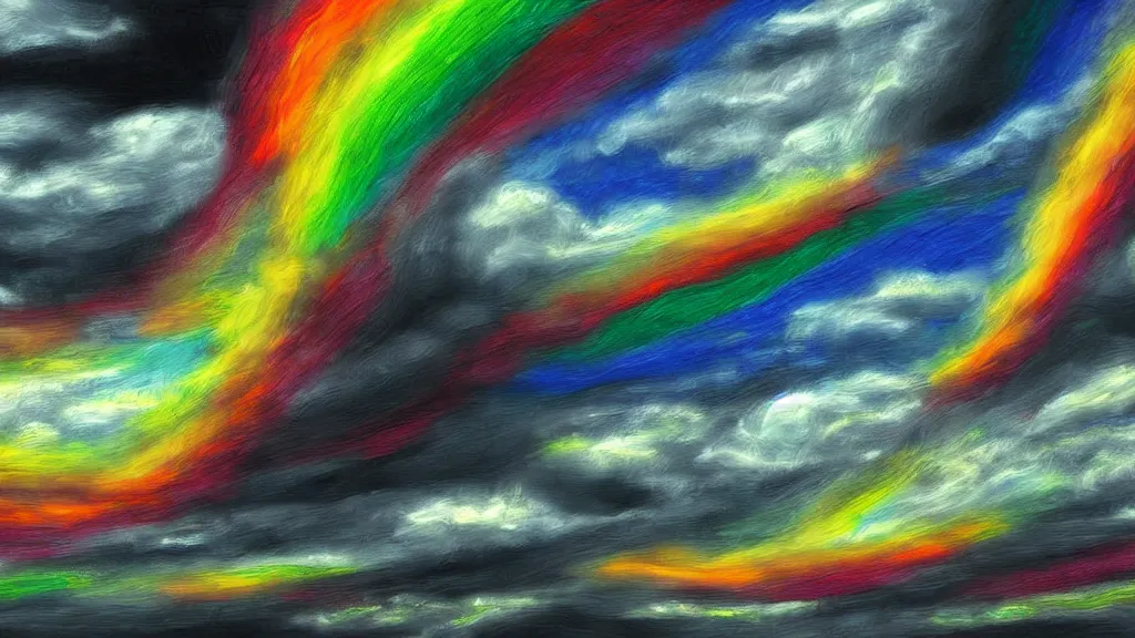 Prompt: digital painting of twisting rainbow in black sky. black puffy clouds. slanting rain.