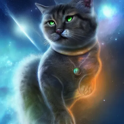 Prompt: all knowing galaxy cat god of the celestial cosmos, trending on artstation, nasa photos, 4 k, hyper realism, high detail, cinematic, cinematic lighting, epic, realistic, fantasy