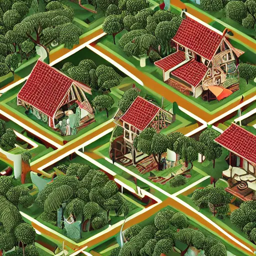 Prompt: Isometric view of a society living on multiple tree houses connected by bridges, intricate, illustration, hyper detailed, detailed