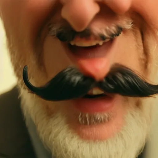 Prompt: Film still of a cackling man, bushy moustache, extreme close-up shot,