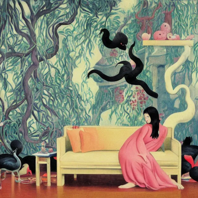 Image similar to catgirl emo art student in her lounge room, painting of flood waters inside an artist's loungeroom, a river flooding indoors, pomegranates, pigs, ikebana, water, octopus, river, rapids, waterfall, black swans, canoe, berries, acrylic on canvas, surrealist, by magritte and monet