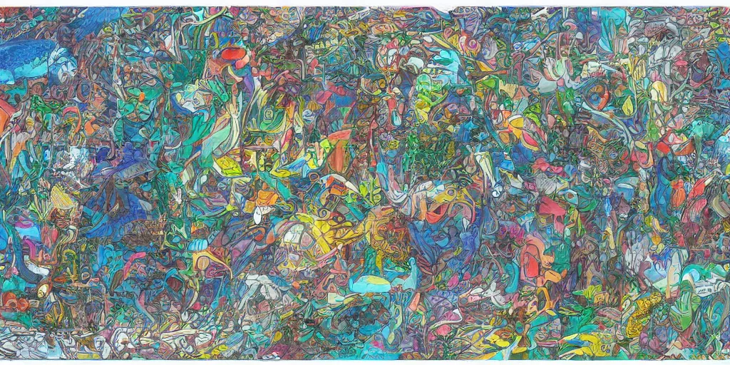 Image similar to unfinished color digital drawing escher style pattern of three point perspective, 3 6 0 panorama colorful kim jung gi fish under wather