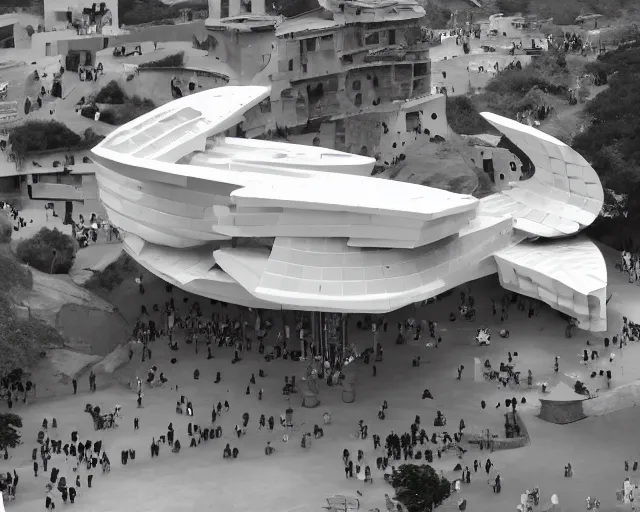 Prompt: photo of minimalist cubist sculpture of curvy spaceship with random small mecha mayan decorations, covered with few large white airplane parts, gigantic size with people visiting