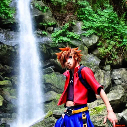 Image similar to kingdom hearts sora cosplay near waterfall photo photography low angle detailed face 85mm